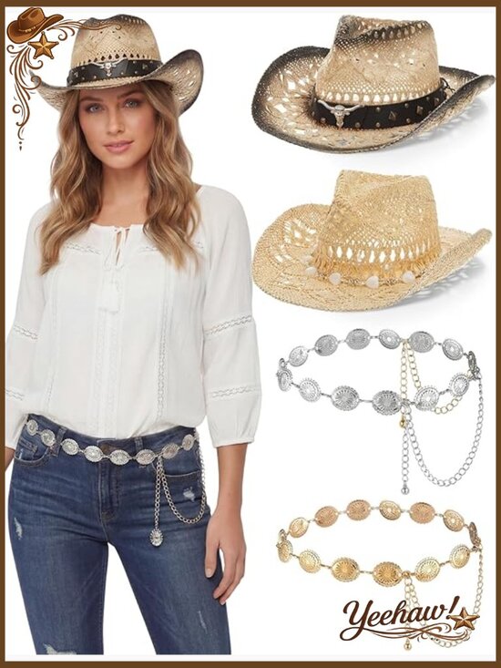 Straw Cowboy Hat Set with Shapeable Brim and Metal Chain Belts main image 4